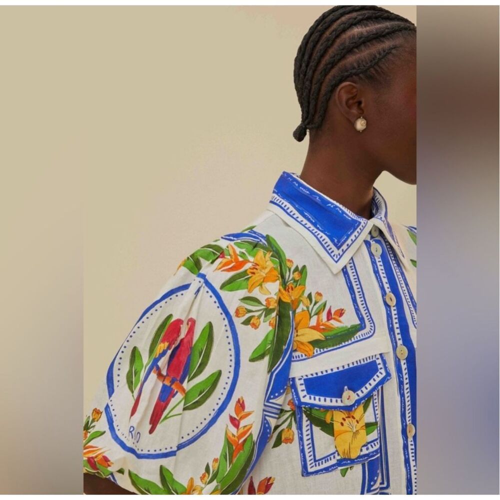 FARM Rio White Blue Tropical-Print Midi Shirtdress - Picture 5 of 7